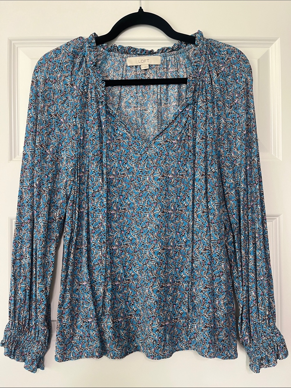 LOFT Blue Multi-Print V-Neck Long Sleeve Blouse